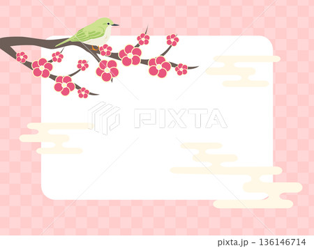 ピンク色の和柄の背景と梅の花とめじろ 136146714