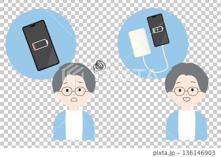 一名男子正費力地擺弄著沒電的手機，而另一名面帶笑容的男子則在用手機充電器充電。 136146903