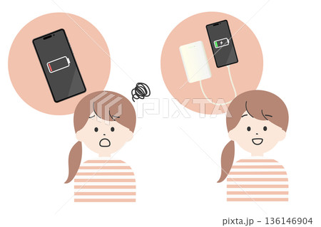 充電切れで困っている女性とモバイル充電器で充電をしている笑顔の女性 136146904
