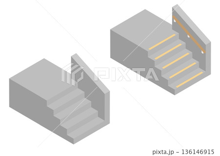 アイソメトリックな階段の手すりと滑り止めを設置する前と後のイラスト素材 136146915