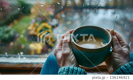 雨の日に窓辺で温かいマグカップを包む手元の癒し時間 136146921