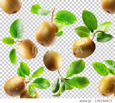 Ripe kiwi fruits with fresh green leaves and water droplets isolated on white background, freshness and organic fruit concept Ripe kiwi fruits with fresh green leaves and water droplets isolated on white background, freshness and organic fruit concept 136146973