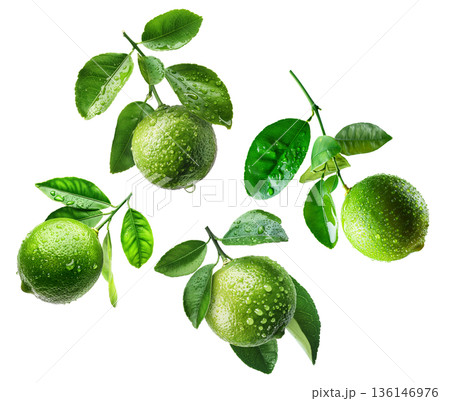 Juicy green limes with vibrant leaves covered in water droplets, isolated on white background, concept of freshness and citrus Juicy green limes with vibrant leaves covered in water droplets, isolated on white background, concept of freshness and citrus 136146976