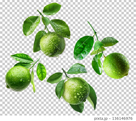 Juicy green limes with vibrant leaves covered in water droplets, isolated on white background, concept of freshness and citrus Juicy green limes with vibrant leaves covered in water droplets, isolated on white background, concept of freshness and citrus 136146976