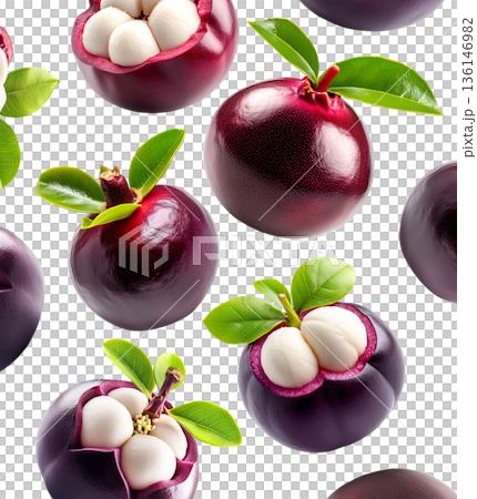 Whole and halved mangosteen fruits with green leaves isolated on white background, concept of tropical exotic fruits pattern 136146982