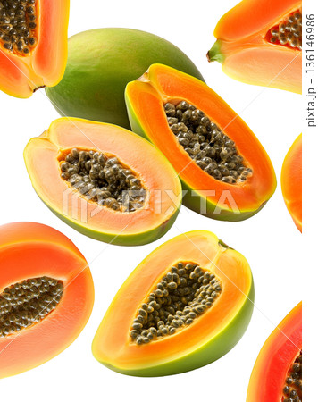 Multiple ripe papaya halves with dark seeds shown isolated on white background, representing a fresh tropical fruit concept 136146986