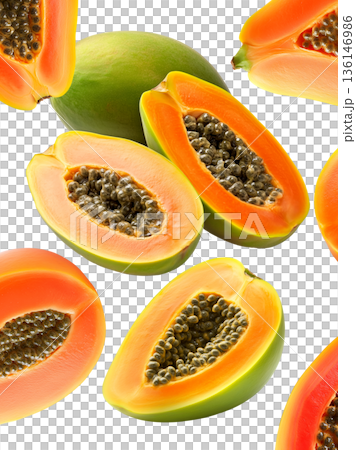 Multiple ripe papaya halves with dark seeds shown isolated on white background, representing a fresh tropical fruit concept Multiple ripe papaya halves with dark seeds shown isolated on white background, representing a fresh tropical fruit concept 136146986