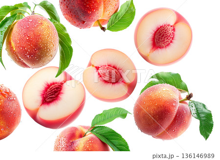 Whole and halved ripe peaches with green leaves and water droplets on white background, freshness and natural fruit concept 136146989