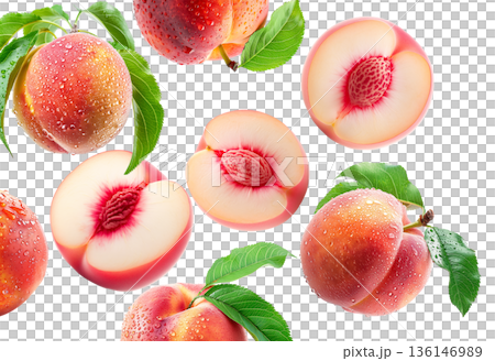 Whole and halved ripe peaches with green leaves and water droplets on white background, freshness and natural fruit concept 136146989