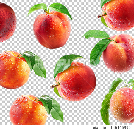 Whole and halved ripe peaches with green leaves and water droplets on white background, freshness and natural fruit concept Whole and halved ripe peaches with green leaves and water droplets on white background, freshness and natural fruit concept 136146990
