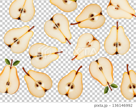 Juicy red yellow pear with water drops and sliced halves, isolated on white background, concept of freshness and fruit Juicy red yellow pear with water drops and sliced halves, isolated on white background, concept of freshness and fruit 136146992