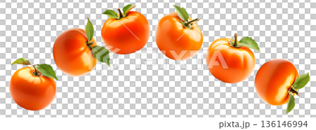Multiple ripe orange persimmons with green leaves isolated on white background, concept of organic healthy food 136146994