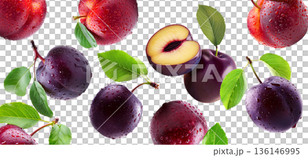Juicy red and purple plums with green leaves and water droplets on white background, concept of freshness and healthy food Juicy red and purple plums with green leaves and water droplets on white background, concept of freshness and healthy food 136146995