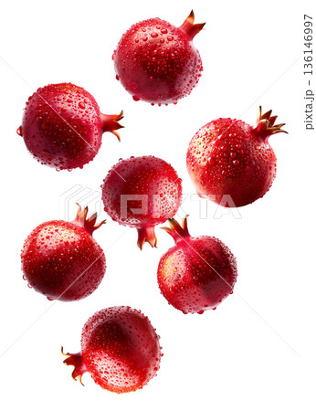 Multiple fresh red pomegranates with water droplets in a seamless pattern, isolated on a white background, concept of freshness Multiple fresh red pomegranates with water droplets in a seamless pattern, isolated on a white background, concept of freshness 136146997