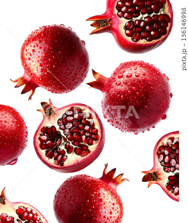 Multiple fresh red pomegranates with water droplets in a seamless pattern, isolated on a white background, concept of freshness Multiple fresh red pomegranates with water droplets in a seamless pattern, isolated on a white background, concept of freshness 136146998