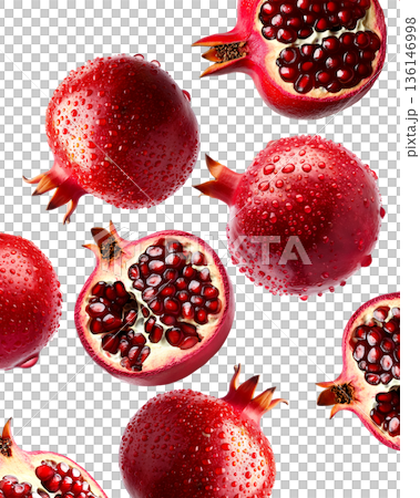 Multiple fresh red pomegranates with water droplets in a seamless pattern, isolated on a white background, concept of freshness Multiple fresh red pomegranates with water droplets in a seamless pattern, isolated on a white background, concept of freshness 136146998