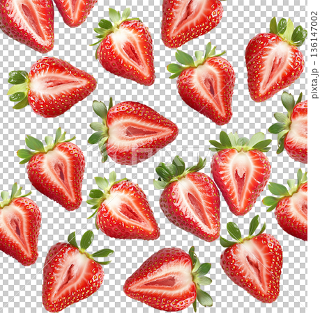 Juicy whole and halved strawberries with green leaves scattered and isolated on white background, freshness and healthy eating 136147002