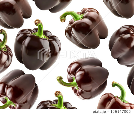 Multiple purple bell peppers arranged in a seamless, isolated on white background, concept of healthy food and vegetables Multiple purple bell peppers arranged in a seamless, isolated on white background, concept of healthy food and vegetables 136147006