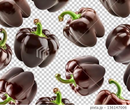 Multiple purple bell peppers arranged in a seamless, isolated on white background, concept of healthy food and vegetables Multiple purple bell peppers arranged in a seamless, isolated on white background, concept of healthy food and vegetables 136147006