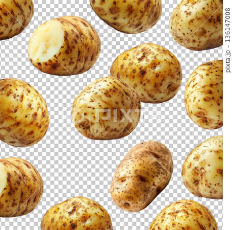 Fresh raw potatoes with skin, scattered and isolated on white background, concept of organic food ingredients Fresh raw potatoes with skin, scattered and isolated on white background, concept of organic food ingredients 136147008