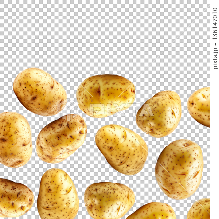 Fresh raw potatoes with skin, scattered and isolated on white background, concept of organic food ingredients 136147010