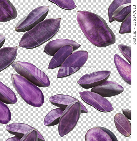 Whole and sliced purple yams or sweet potato, isolated on a white background, concept of exotic root vegetable texture 136147013