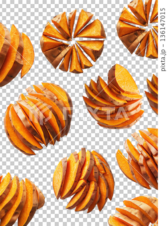 Piles of sweet potato slices placed randomly, isolated on white background, concept of healthy snack food 136147015