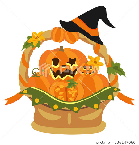 ハロウィンをモチーフにしたバスケットのイラスト ハロウィンをモチーフにしたバスケットのイラスト 136147060