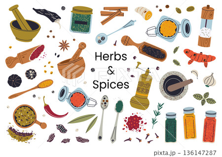 Herbs and spices set with mills, mortar and pestle, wooden spoons and jars with ground seasonings. Flat cartoon vector illustration about home cooking, spice preparation, traditional kitchen practices 136147287