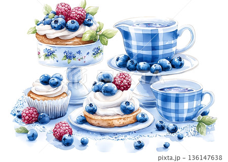 Delicious blueberry desserts with whipped cream and fresh raspberries on a decorative table 136147638