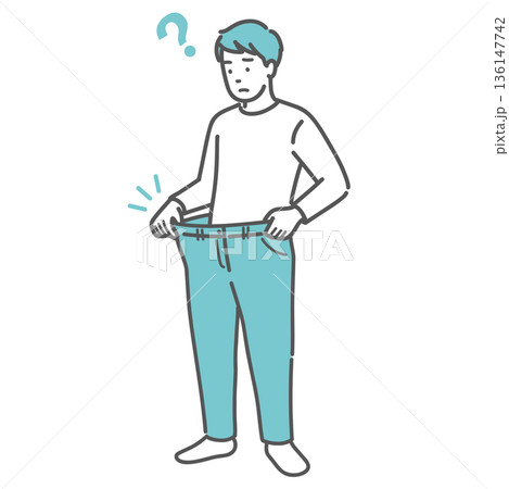 急激に痩せてズボンがブカブカになった男性のイラスト（体重減少・糖尿病・ダイエット） 136147742