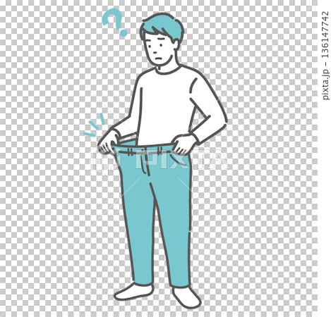 Illustration of a man who has lost weight rapidly and his pants are too loose (weight loss, diabetes, diet) 136147742