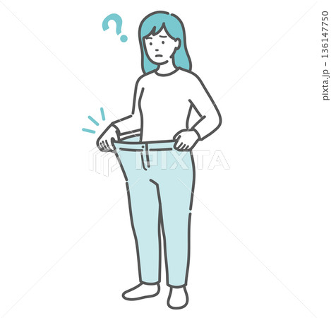 急激に痩せてズボンがブカブカになった女性のイラスト（体重減少・糖尿病・バセドウ病） 136147750