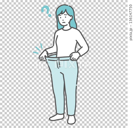 圖：一位體重快速下降的女性，她的褲子變得太鬆（減肥、糖尿病、格雷夫茲病） 136147750