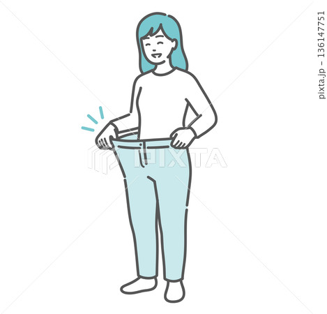 ダイエットに成功して痩せ、ズボンのウエストが緩くなって喜んでいる女性の様子 136147751