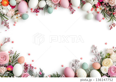 Colorful Easter Eggs and Flowers Arrangement on White Background for Spring Celebrations 136147752