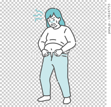 Illustration of a woman who is too fat to fit into her pants (obesity, metabolic syndrome, postpartum weight gain) 136147753