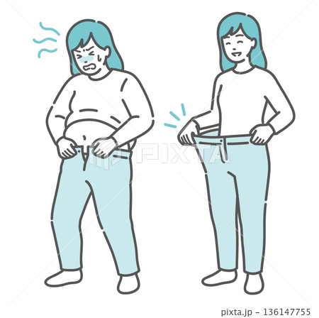 ダイエット・ビフォーアフターの女性のイラストセット(肥満と減量成功・比較) ダイエット・ビフォーアフターの女性のイラストセット(肥満と減量成功・比較) 136147755