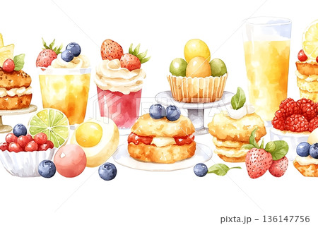 Colorful Dessert Spread with Cakes, Pastries, Fruits, and Refreshing Beverages for Celebrations Colorful Dessert Spread with Cakes, Pastries, Fruits, and Refreshing Beverages for Celebrations 136147756
