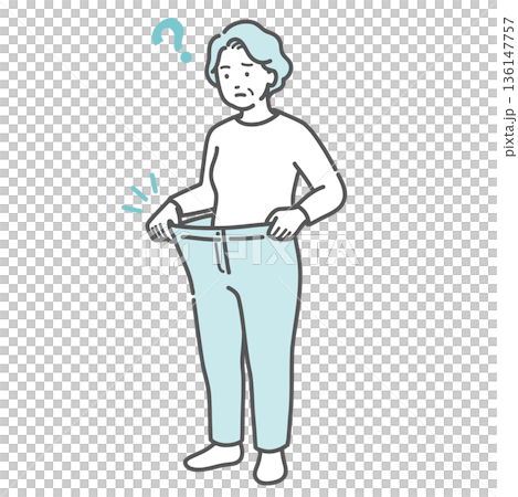 急激に痩せてズボンがブカブカになった高齢女性のイラスト(サルコペニア・フレイル・糖尿病) 急激に痩せてズボンがブカブカになった高齢女性のイラスト(サルコペニア・フレイル・糖尿病) 136147757