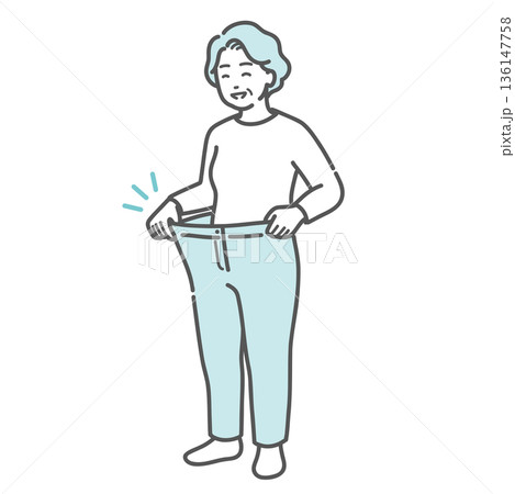 ダイエットに成功してズボンがブカブカになった高齢女性のイラスト(健康・減量・メタボ改善) ダイエットに成功してズボンがブカブカになった高齢女性のイラスト(健康・減量・メタボ改善) 136147758