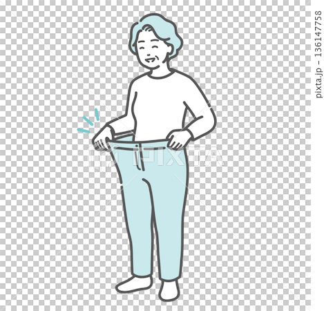 ダイエットに成功してズボンがブカブカになった高齢女性のイラスト(健康・減量・メタボ改善) ダイエットに成功してズボンがブカブカになった高齢女性のイラスト(健康・減量・メタボ改善) 136147758