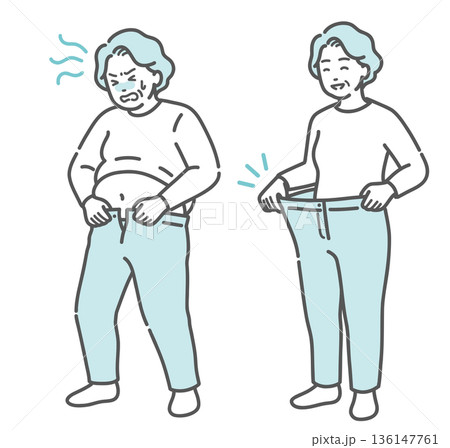 ダイエット・ビフォーアフターの高齢女性のイラストセット（肥満と減量成功・比較） 136147761