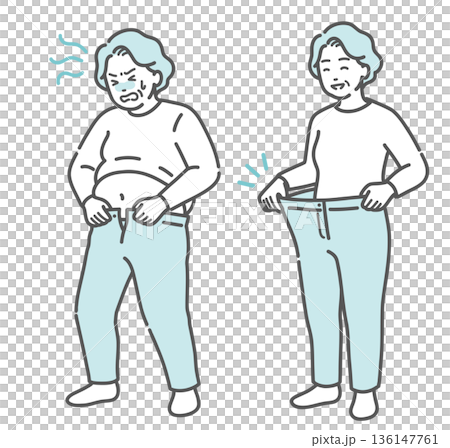 ダイエット・ビフォーアフターの高齢女性のイラストセット（肥満と減量成功・比較） 136147761