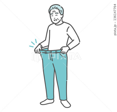 ダイエットに成功してズボンがブカブカになった高齢男性のイラスト（健康・減量・メタボ改善） 136147764