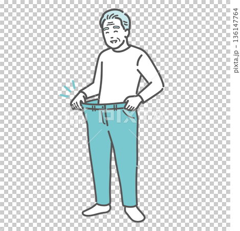 ダイエットに成功してズボンがブカブカになった高齢男性のイラスト（健康・減量・メタボ改善） 136147764