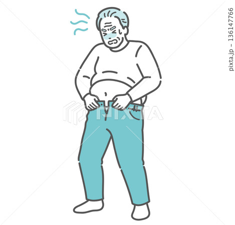太ってズボンが入らない高齢男性のイラスト（肥満・メタボ・内臓脂肪） 136147766