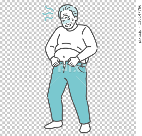 太ってズボンが入らない高齢男性のイラスト（肥満・メタボ・内臓脂肪） 136147766