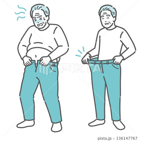 ダイエット・ビフォーアフターの高齢男性のイラストセット（肥満と減量成功・比較） 136147767