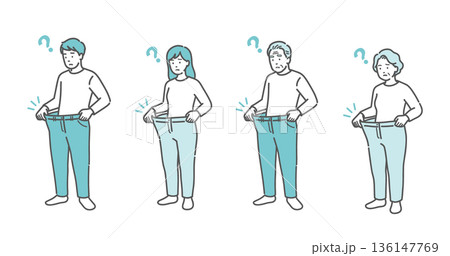 急激に痩せてズボンがブカブカになった老若男女のイラストセット（体重減少・糖尿病・全世代） 136147769
